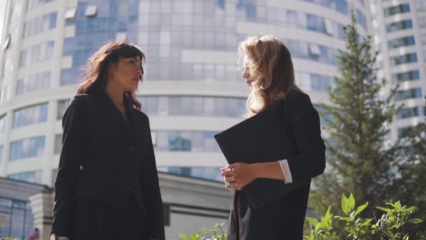 Siluetas de hombres de negocios en el fondo del centro de negocios. dos mujeres de negocios hablando cara a cara al aire libre — Vídeo de stock