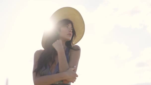 Sensual retrato de cerca de una hermosa y encantadora joven con un sombrero de paja en los rayos del sol poniente. Mujer joven en un campo de trigo al atardecer — Vídeos de Stock
