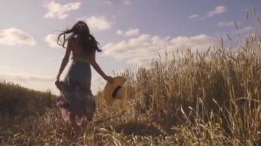 mutluluk ve zevk sıcak yaz gününde kavramı. Genç bir kız ile bir uzun otların araziyi çalışır ve kamera arkasını döner. Arkadan görünüm. ağır çekim