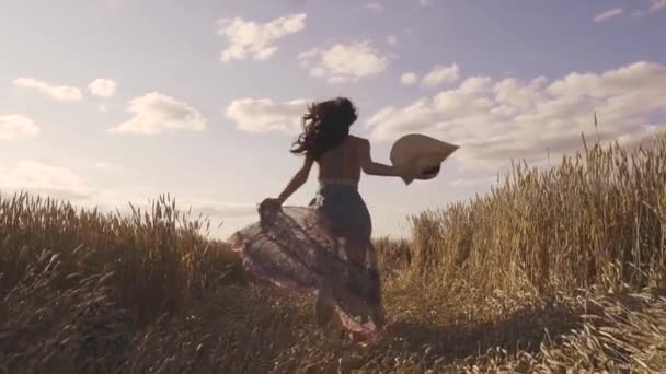 Piękna młoda kobieta biegnąca w poprzek pola z słomkowy kapelusz odwraca uśmiechając się do kamery. zwolnionym tempie — Wideo stockowe