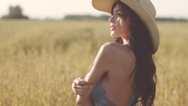 Портрет девушки в соломенной шляпе на пшеничном поле. молодая привлекательная женщина в деревенском платье — стоковое видео