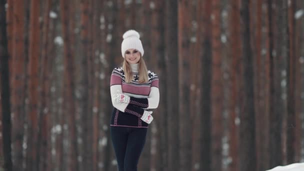 Retrato de uma menina atraente em uma camisola de malha em um fundo de uma floresta de pinheiros no inverno — Vídeo de Stock