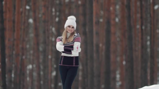 Портрет привлекательной и красивой молодой девушки в вязаных свитерных перчатках и кепках на темном фоне. Молодая женщина в зимнем лесу — стоковое видео