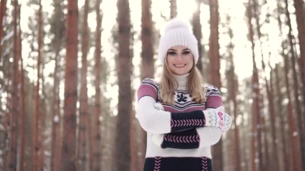 Potret seorang gadis dengan senyum menawan dalam sweater rajutan di hutan musim dingin — Stok Video