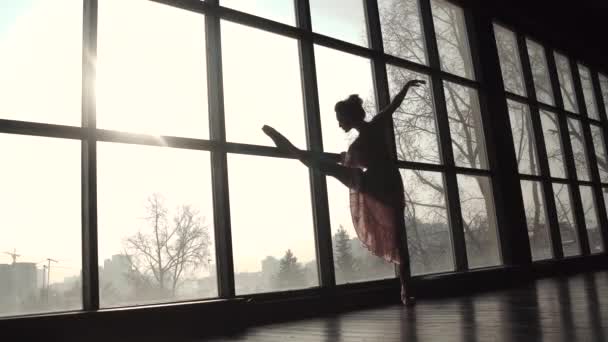 Unga ballerina värmer upp på det stora fönstret. silhuetten av balettdansös i pointe skor — Stockvideo