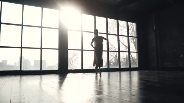 Sziluettjét balerina lábujjhegyen pointes egy nagy ablak a háttérben a tánc. Kecses fiatal balerina, klasszikus balett tánc. lassú mozgás — Stock videók