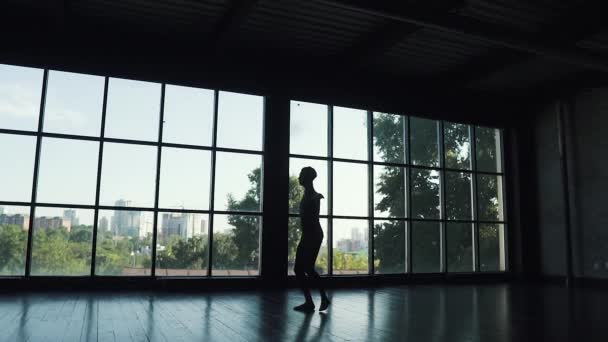 Silhueta de um bailarino de balé no fundo de uma grande janela. o dançarino liga a ponta dos pés e graciosamente desce a um movimento lento do joelho — Vídeo de Stock