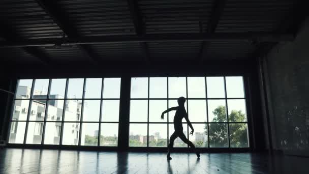 ウィンドウの背景のバレエ ダンサーのシルエット。男エレガントで美しいは、スタジオでクラシック バレエを踊る。. — ストック動画