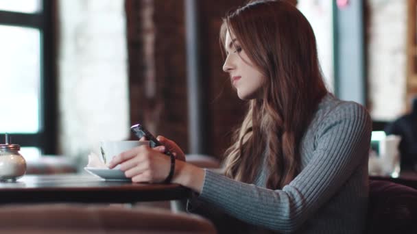 Joven chica atractiva se sienta en un acogedor café y utiliza un teléfono móvil — Vídeo de stock