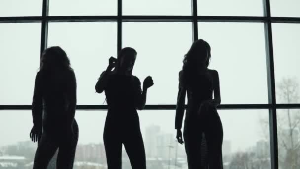 Дівчата танцюють на тлі великого яскравого вікна. силуети веселих людей — стокове відео