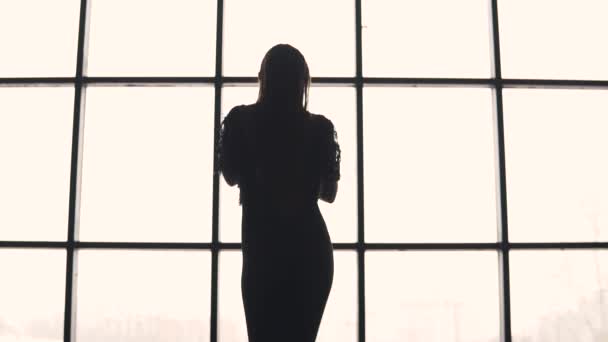 Giovane ragazza sexy con una bella figura si spoglia contro la finestra. silhouette di spogliarsi ragazza — Video Stock
