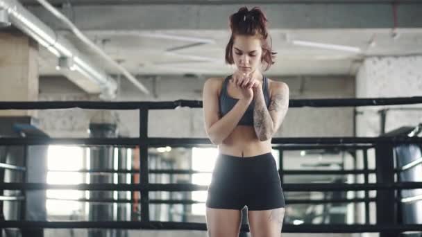 Lány felmelegszik, a háttérben a boksz ring. Ezzel a tornateremben edzés előtt húzódó fiatal nő. — Stock videók