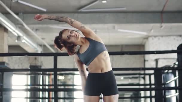Wanita muda melakukan peregangan di gym sebelum latihan. gadis pemanasan di latar belakang ring tinju — Stok Video