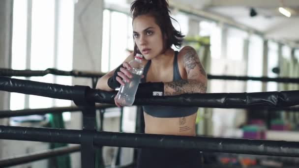 Chica bebe agua en el gimnasio. chica descansando después del entrenamiento en el ring de boxeo — Vídeos de Stock