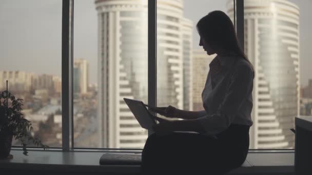 Силуэт деловой женщины, работающей на ноутбуке в офисе у окна. Девушка работает одна по вечерам — стоковое видео