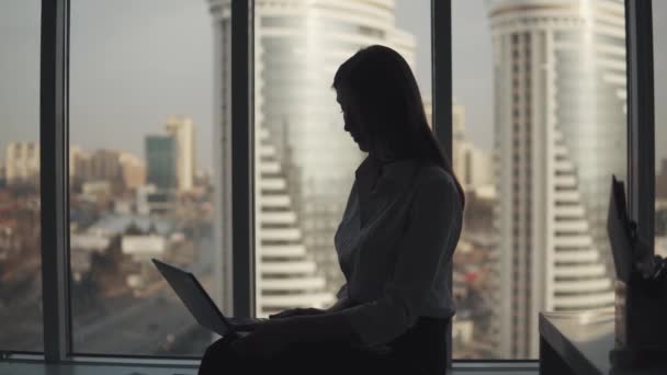 Silhouette di una ragazza attraente che lavora su un computer portatile in un ufficio vicino alla finestra. donna d'affari che lavora da sola — Video Stock