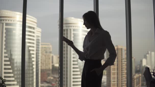 Silhouette di una giovane donna sullo sfondo di una grande finestra e grattacielo. la ragazza sta chiacchierando al telefono . — Video Stock