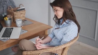 Genç bayan serbest çalışan rahat bir ev stüdyosunda çalışıyor. Kız not defterindeki kalemle not alıyor..