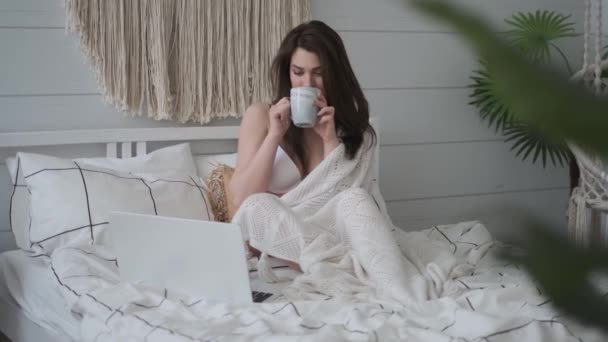 Ragazza è stato avvolto in una coperta, bere caffè e utilizzando un computer portatile mentre seduto sul letto . — Video Stock