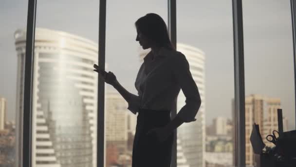 Silhuetten av en ung kvinna mot bakgrund av ett stort fönster och en skyskrapa. flickan är chattar på telefonen. — Stockvideo