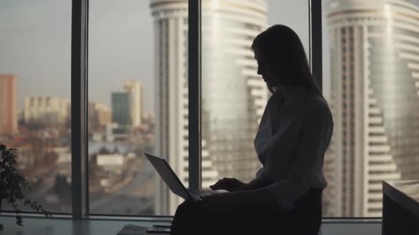 Silueta de una chica atractiva trabajando en un portátil en una oficina cerca de la ventana. mujer de negocios trabajando sola — Vídeos de Stock