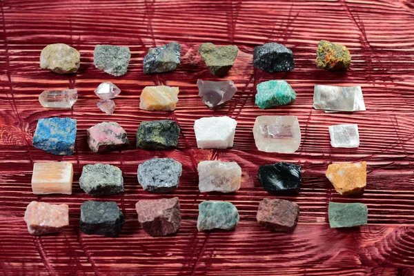 Collection of rocks and minerals on the old wooden table