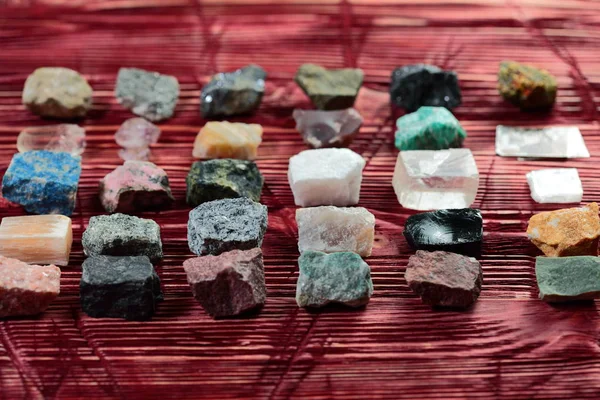 Collection of rocks and minerals on the old wooden table