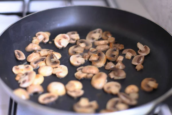 The Fried mushrooms in a frying pan.
