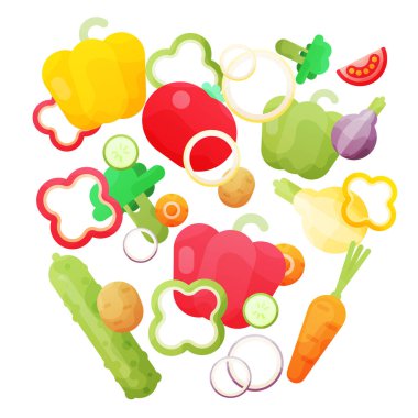 Beyaz arka planda izole edilmiş taze organik sebzelerle vektör çizimi.