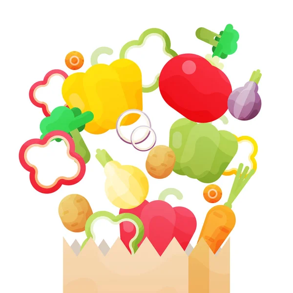 Ilustración vectorial con bolsa de papel con verduras orgánicas frescas aisladas sobre fondo blanco . — Archivo Imágenes Vectoriales