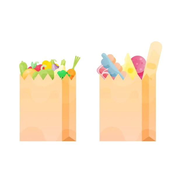 Dos bolsas de papel llenas de comida. Ilustración vectorial colorida — Archivo Imágenes Vectoriales