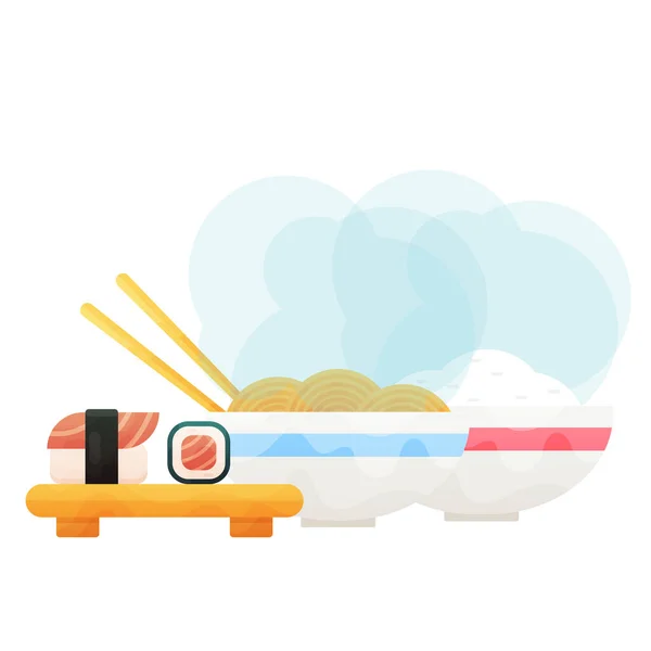 Sushi set and on wooden board and bowls whith rice and nooddles. — Stock Vector