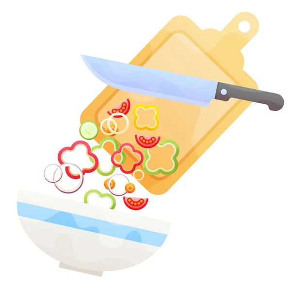 Zubereitung Eines Frischen Gemüsesalats Mit Messer Und Schneidebrett Und Frisch — Stockvektor