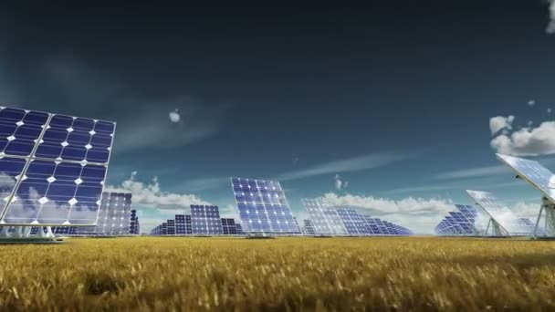 Panneaux solaires par une journée ensoleillée dans un champ d'herbe jaune . Séquence Vidéo