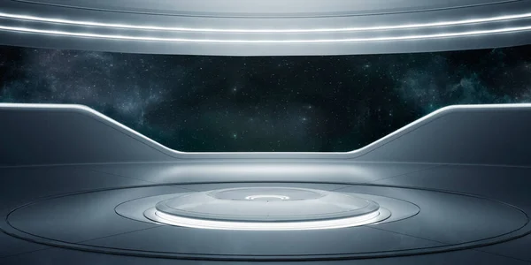 3d rendering . spaceship interior. sci fi. futuristic interior . 3d render. white room. windows. space.