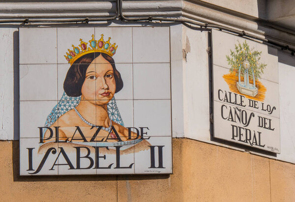 Street sign in Madrid - Isabel II Plaza - a famous square