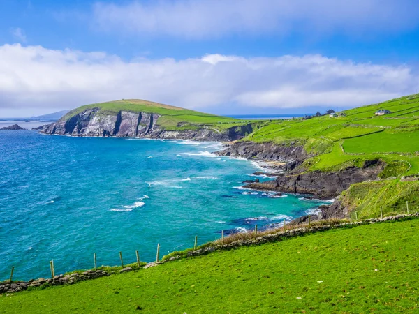 Yeşil tepeler ve mavi okyanus su - İrlanda west coast için tipik — Stok fotoğraf