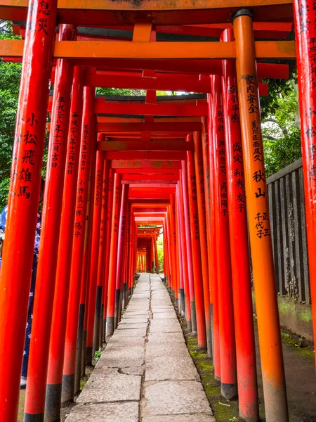 Slavné červené brány cesta Nezu Jinja svatyně v Tokiu — Stock fotografie