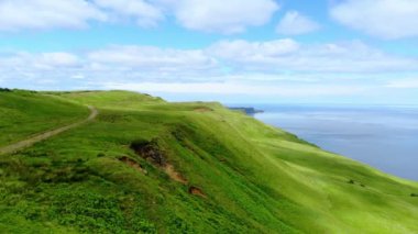 Uçuş Isle of Skye İskoçya'da uçurumlarda ve yeşil kıyı şeridi üzerine