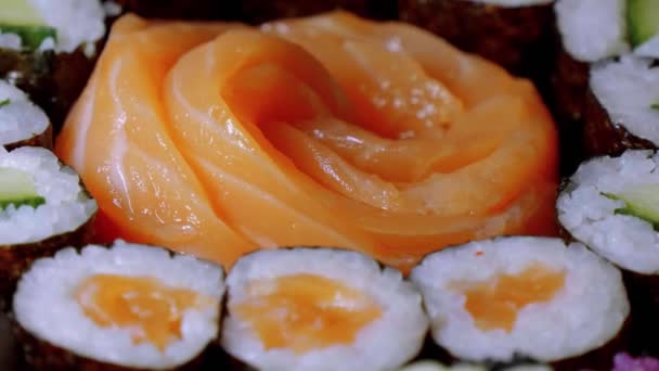 Zalm Sashimi Sushi en een selectie van de maki — Stockvideo
