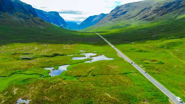 Weg Door Glencoe Vallei Hooglanden Van Schotland Luchtfoto — Stockfoto