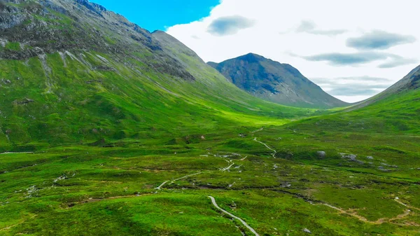 Aerial view over the awesome landscape of Glencoe in the Highlands of Scotland — Stock Photo, Image