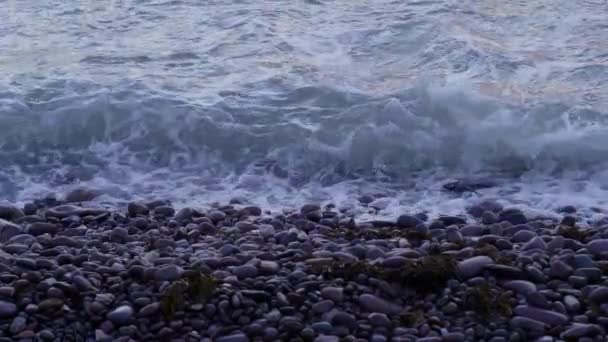 Acqua blu dell'oceano colpito contro i ciottoli sulla spiaggia — Video Stock