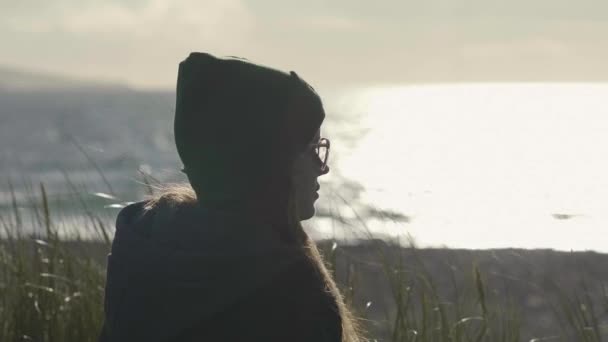 Close-up shot van een mooi meisje zitten in het gras reed bij zonsondergang — Stockvideo