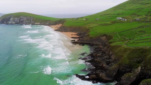 在爱尔兰丁格尔半岛邓莫尔的美妙海湾上空飞行 — 图库视频影像