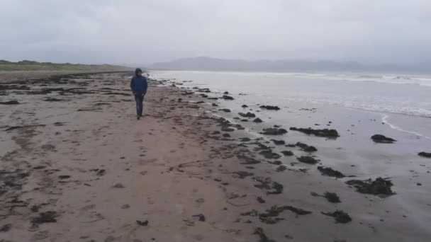 Vlucht rond een jongeman wandelen langs het strand — Stockvideo