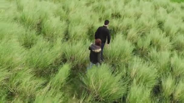 Vuelo alrededor de una joven pareja caminando a través de los campos de hierba y dunas de arena — Vídeos de Stock