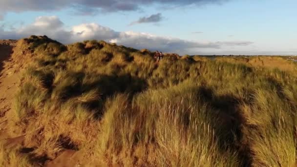 Vuelo hacia una joven pareja sentada en las colinas cubiertas de hierba en la costa — Vídeo de stock