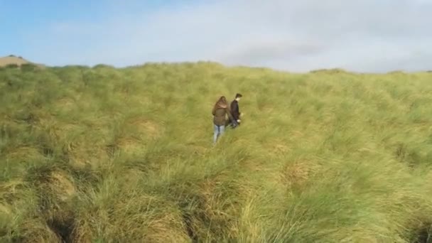 Dos personas caminan por la naturaleza típica de las praderas irlandesas — Vídeo de stock