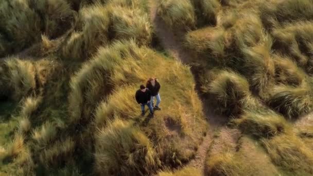 Vol au-dessus d'un couple qui se tient sur une colline — Video